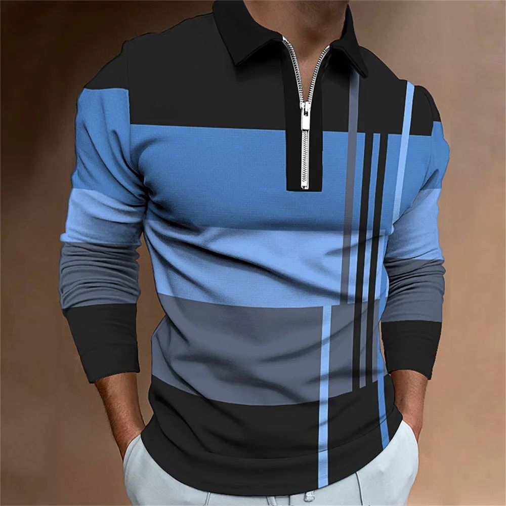 2025 autumn men's polo shirt long sleeved stand up collar patchwork printed top fashionable street casual T-shirt men's shirt