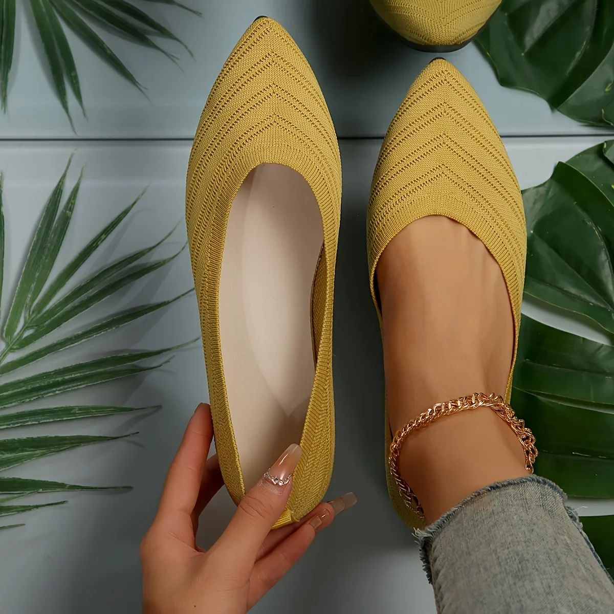 Women Pointed Toe Flat Shoes 2025 New Solid Color Knitted Slip on Shoes Casual Breathable Ballet Flats Women Flat Loafers Shoes