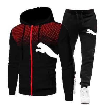 The new outdoor casual sportswear for men features a fashionable zippered hooded jacket, a two-piece sweatshirt and sweatpants