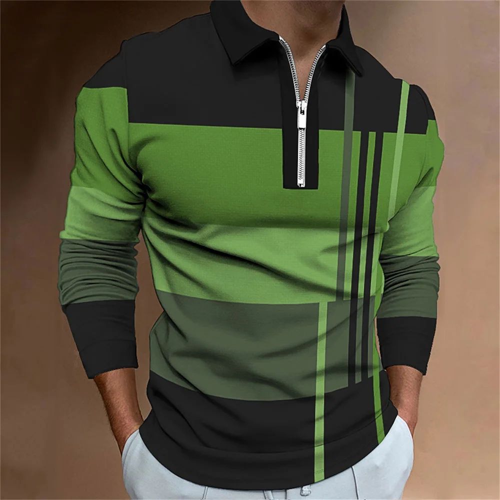 2025 autumn men's polo shirt long sleeved stand up collar patchwork printed top fashionable street casual T-shirt men's shirt