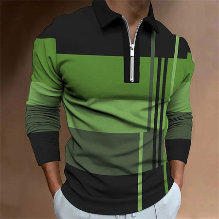 2025 autumn men's polo shirt long sleeved stand up collar patchwork printed top fashionable street casual T-shirt men's shirt