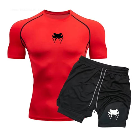 Men Compression Athletic Fitness Wear - Quick-Dry Tight Short-Sleeve Anime Double-Layer Shorts Summer Set Fitness Running Set