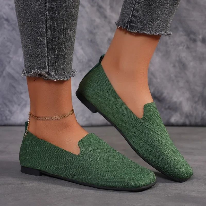 2025 Solid Color Square Toe Mesh Loafers Shallow Women Flats Shoes Soft Bottom Knit Ballet Flats Shoes Casual Slip on Shoes