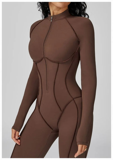 Women's Yoga Jumpsuit Long Sleeved Stand Collar Half Zip High-Intensity Workout One Piece Contrast Color Gym Fitness BodySuit