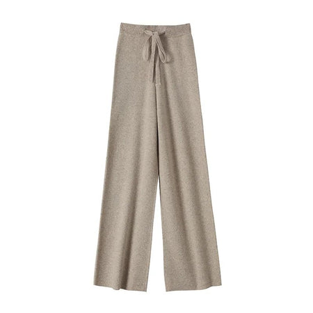 Spring Autumn Women High Waist Wool Wide Leg Pants Solid Soft Warm 100% Merino Wool Knitted Trousers Belt Casual Korean Fashion