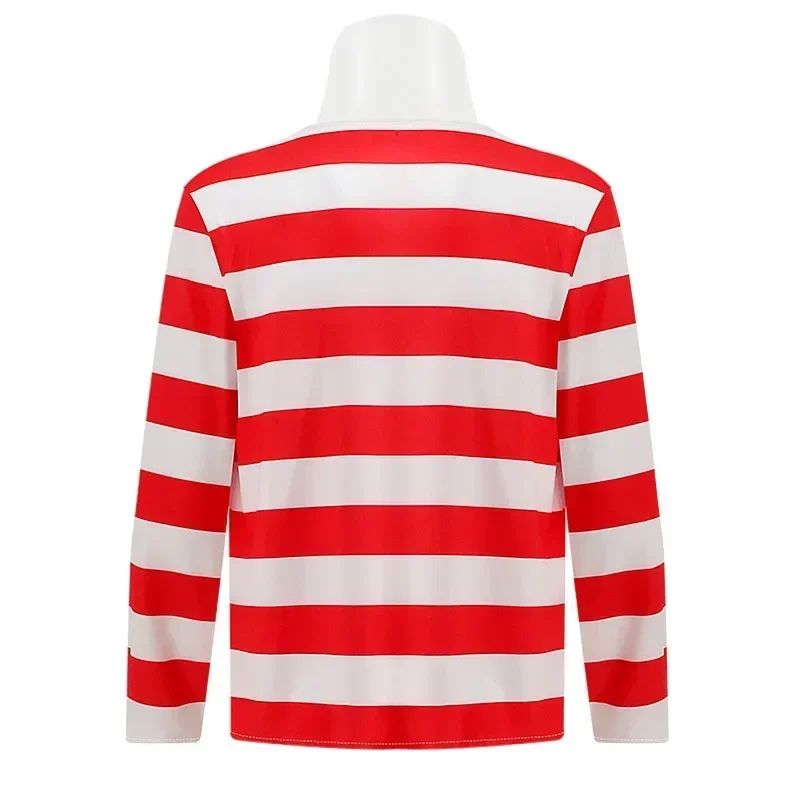 Wheres Waldo Striped Shirt Youth  Boys Wally Costume Shirt Glasses and Hat Socks Unisex Adults Carnival Cosplay Costume
