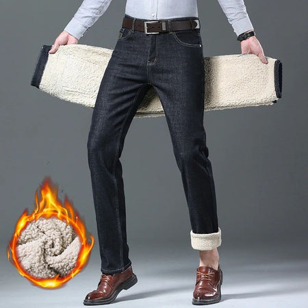 Men's Wool Velvet Jeans Winter Fleece Thickened Business Casual Straight Denim Pants Soft Cozy Thermal Stretch Trousers Male