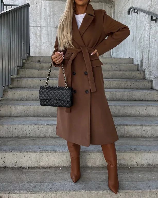 CPSYMYM Winter Coat for Women  Autumn Double Breasted Simple Solid Lapel Long Sleeved Split Long Woolen Cloth Jacket Coa