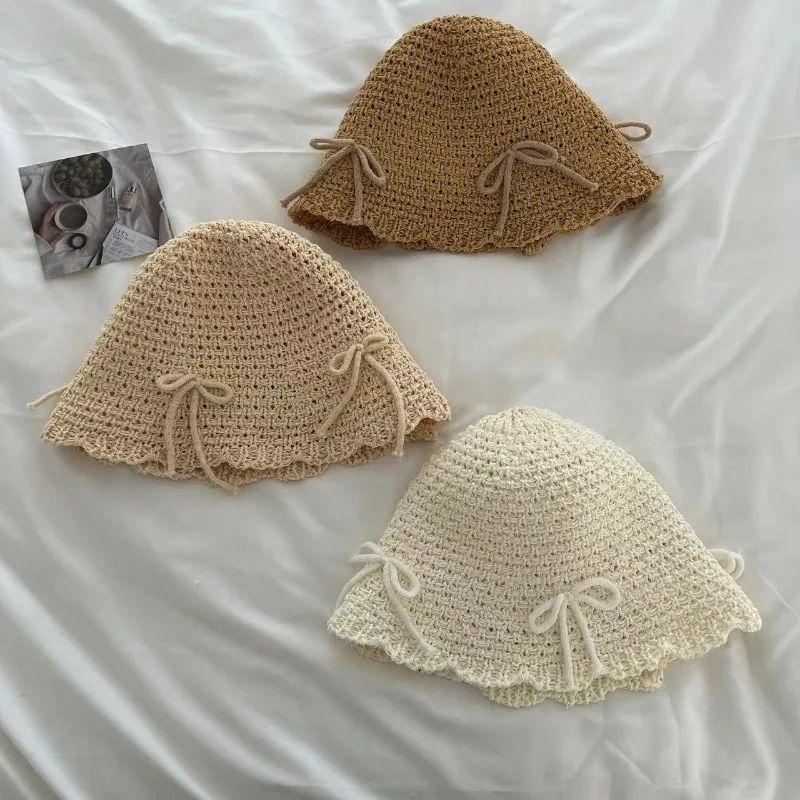 Korean Ins Bow Spring and Summer Fashion Sweet Bucket Hat Outdoor Sunshade Knitted Solid Color Straw Breathable Women Sun Hats