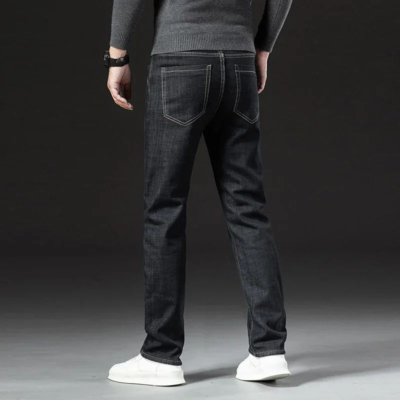 Men Winter Fleece Lined Thickened Warm Jeans Male Fashion Loose Straight Slim Fit Denim Pants Smart Casual Comfortable Trousers