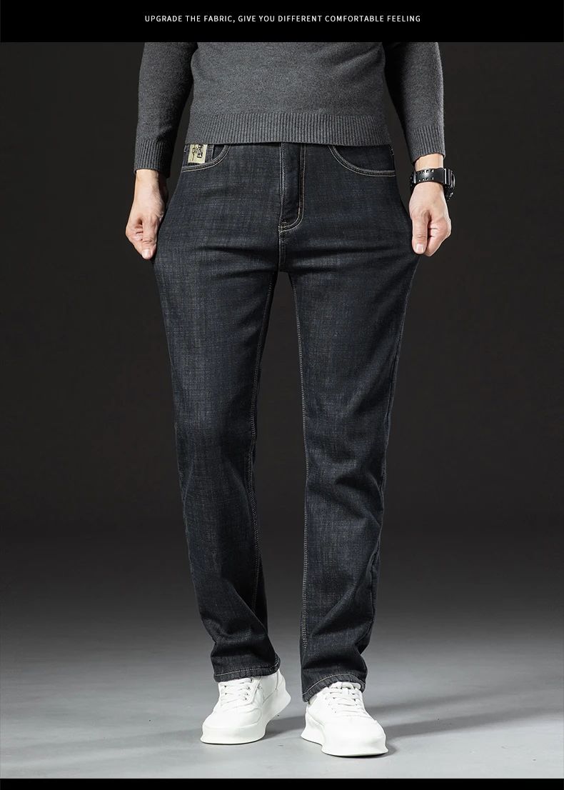 2025 New Classic  Men's Business Casual Velvet Jeans Winter Chinese Embroidery Straight Loose Warm Thick Pants
