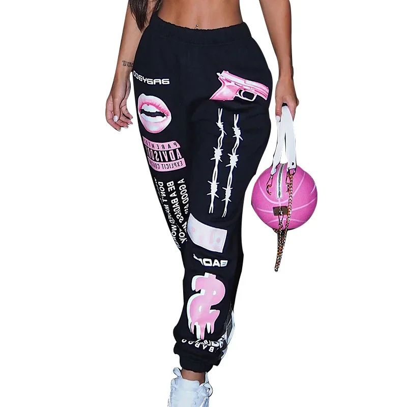 Summer New Printed Fashion Elastic Waist Sports Casual Harlan Pants for Women