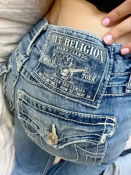Vintage 2000s Buddha Embroidery Baggy Jeans Woman Gothic Streetwear Harajuku Ripped jeans for women Wide Leg Denim Pants