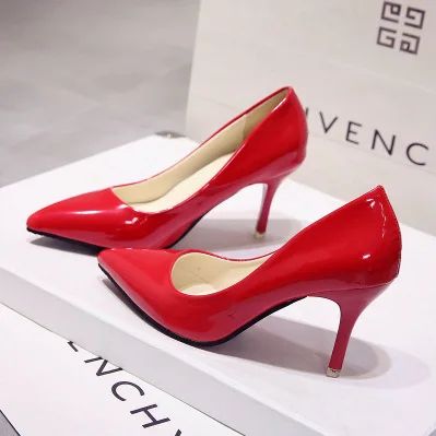 New Solid Color Pumps Women High Heel Shoes Female Fashion Patent Leather Sexy Pointed Toe Thin Heel Wedding Shoes Size 44