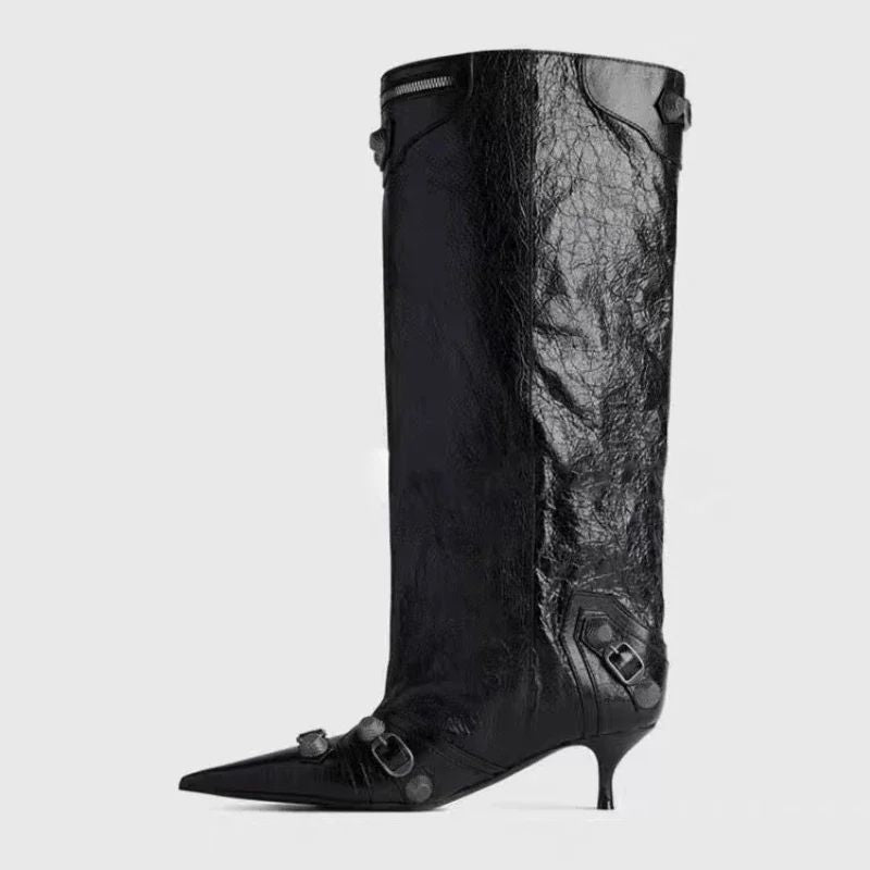 Women's Sexy Stiletto High Heels with Rivet Decoration, Wide Barrel Knee Length Boots, European and American Fashion Show Boots