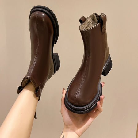 New Women Ankle Boots Fashion Female Square Heel Low-Heel Shoes Lady Boots Leather Woman Low-heel Keep Warm Ankle Boots Q109