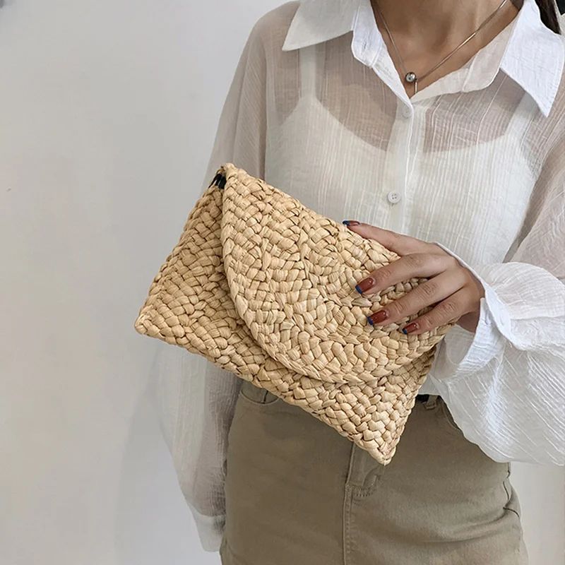 Fashionable Corn Husk Straw Bags Hand-woven Women Clutch Envelope Handbag Long Purse for Female Summer Beach Bag Bolsa 2024
