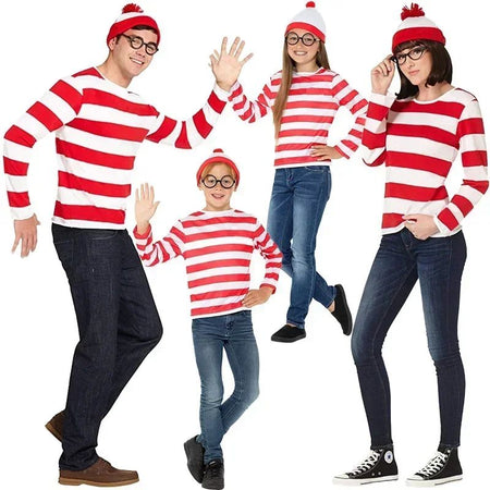 Wheres Waldo Striped Shirt Youth  Boys Wally Costume Shirt Glasses and Hat Socks Unisex Adults Carnival Cosplay Costume