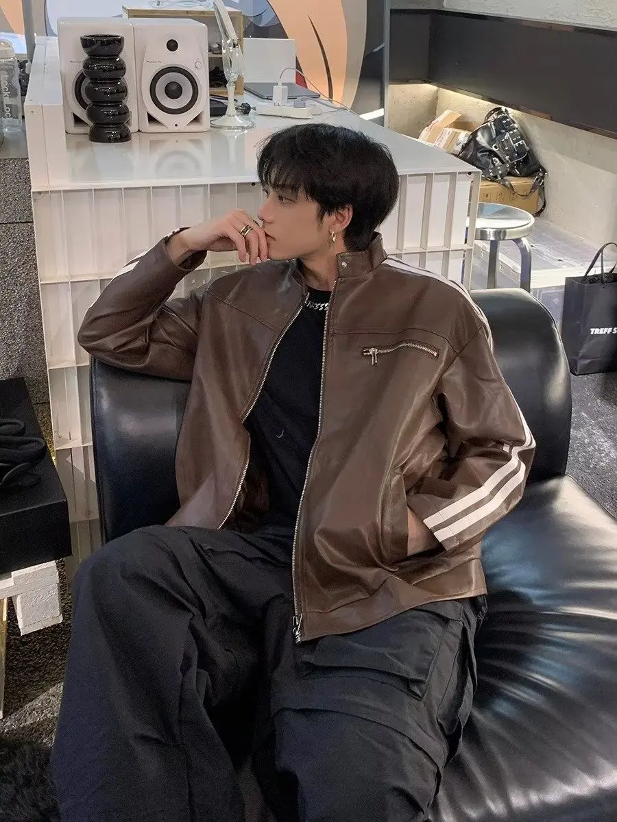 Retro Leather Jacket Men Women  American Patchwork Strip Racing Outerwear Loose Hip Hop Zippers Brown PU Coat Streetwear Spring