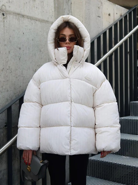 Women's Pinstripe Oversized Puffer Jacket Full Sleeve Detachable Hood Zipper Warm Coat 2025 Autumn Winter Female Casual Wear