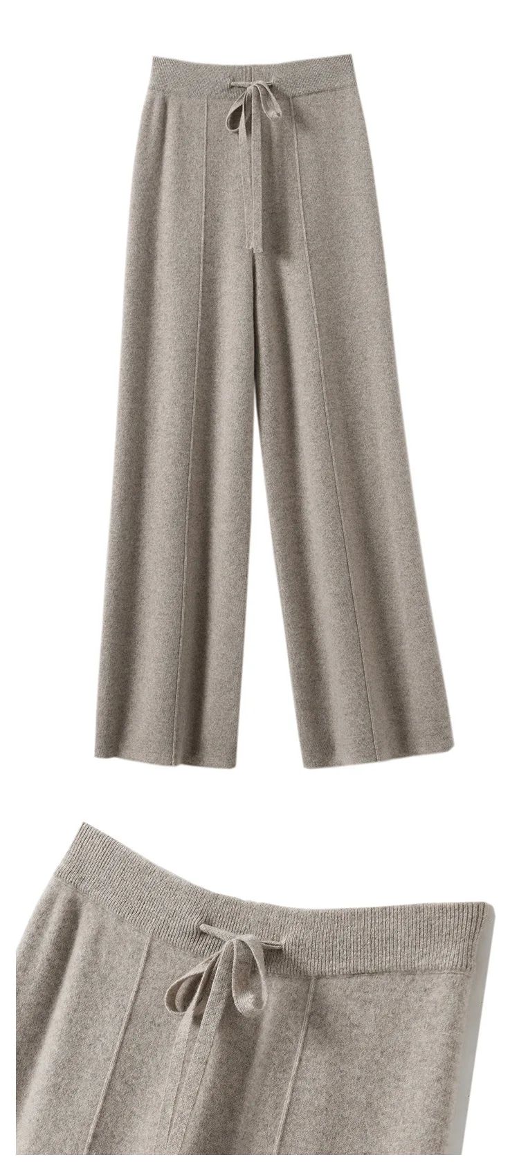 High Waist Wide Leg Pants Mid-Seam Knitted Trousers Drawstring Waist Belted Floor-Length Pure Color Versatile Autumn Winter Casu