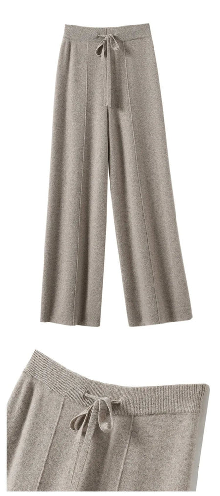 High Waist Wide Leg Pants Mid-Seam Knitted Trousers Drawstring Waist Belted Floor-Length Pure Color Versatile Autumn Winter Casu