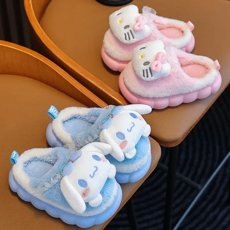 Winter Warm Cute Cartoon Indoor Mule Soft Non-slip Fluffy Slippers For Kids Teen Boys Girls Children Home Cotton Shoes Size 24-4