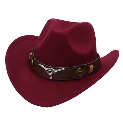 New Felt Western Cowboy Hat Ox Head Accessories Ethnic Style Roll Brim Cowgirl Cap with Cow Band Soft Jazz Fedora Hats Men
