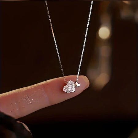 Korea Ins Fashion Shiny Inlaid Zirconia Double Love Pendant Necklace Women Simple Design Wedding Banquet Jewelry Accessories