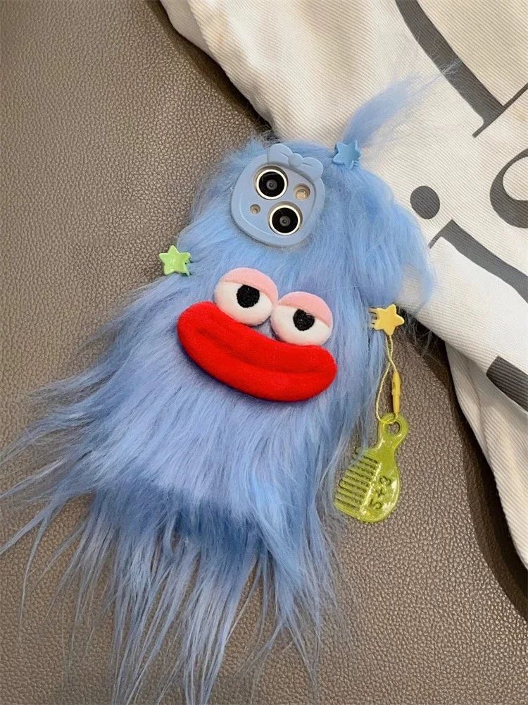 Korean Funny Fluffy Plush Monster Case For iPhone 17 Pro Max Case 16 15 14  13 12 11 Cute Girl Winter Warm Cover Fur Soft Coque