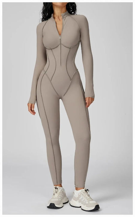 Women's Yoga Jumpsuit Long Sleeved Stand Collar Half Zip High-Intensity Workout One Piece Contrast Color Gym Fitness BodySuit