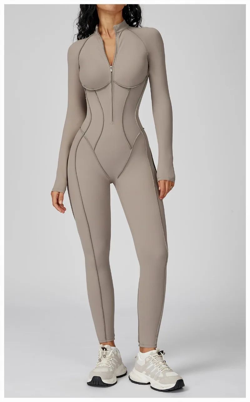 Women's Yoga Jumpsuit Long Sleeved Stand Collar Half Zip High-Intensity Workout One Piece Contrast Color Gym Fitness BodySuit