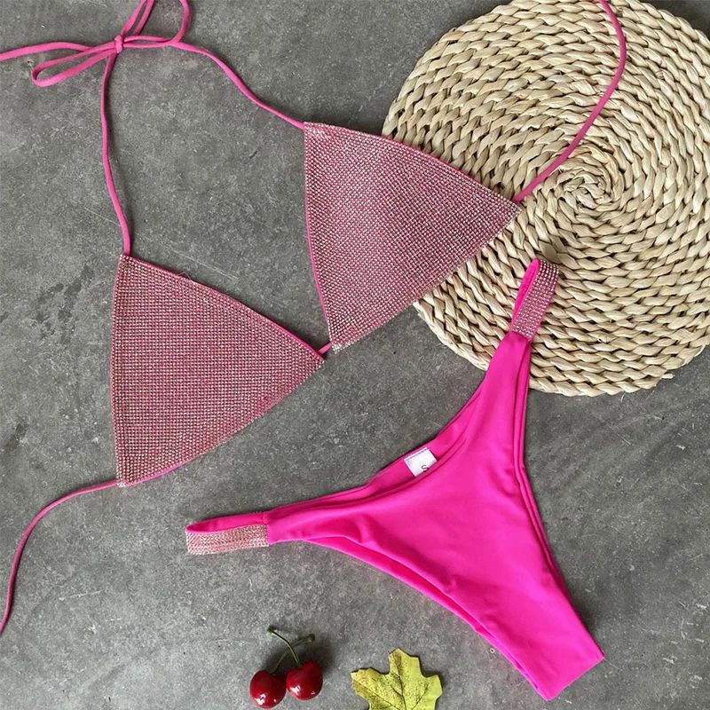Halter Jewelled Sequins Diamond Bikini Women Swimsuit Female Swimwear Two Pieces Bikini Set Mini Micro Bathing Suit Swim Lady