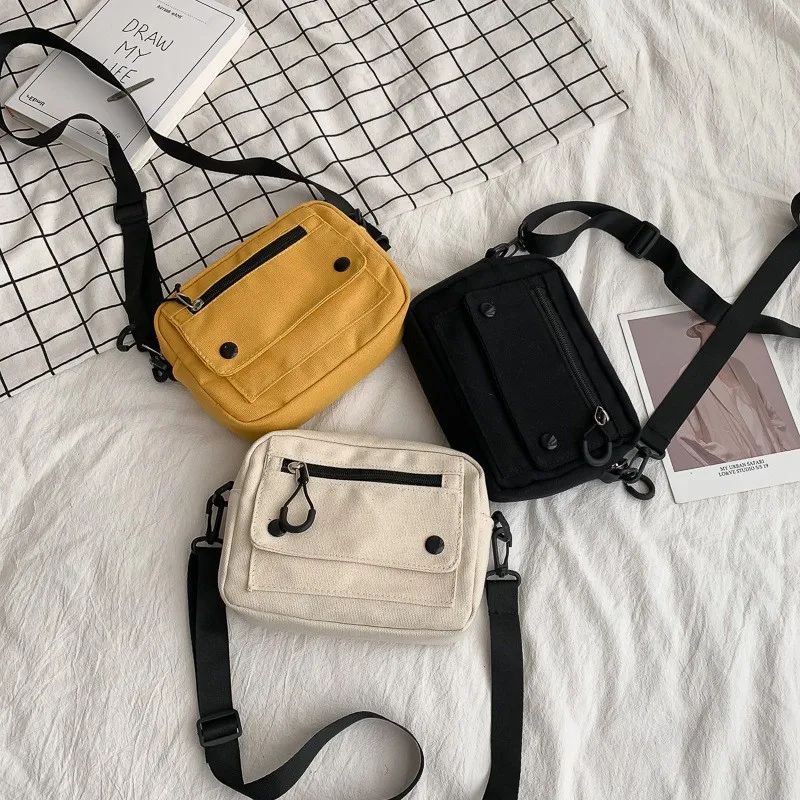 Women Canvas Handbags Korean Mini Student Bag Cell Phone Simple Small Crossbody Casual Ladies Zipper Shoulder Bag