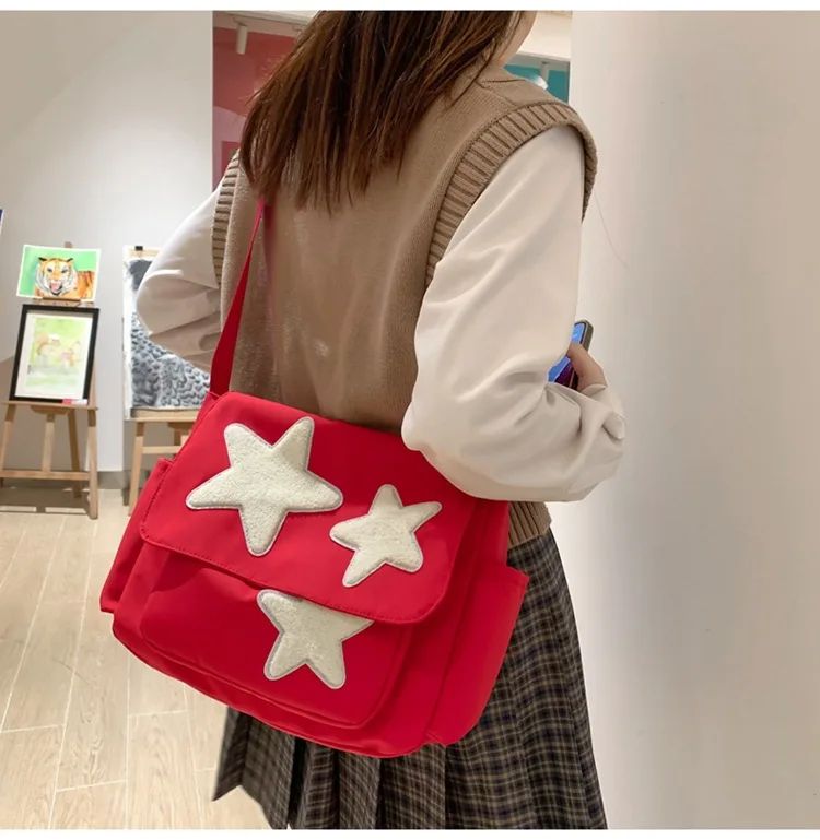 Women Star Pattern Y2k Messenger Bag Casual Tote Lady Simple Large Capacity Shoulder Bag Girl Travel School Bookbag Handbag