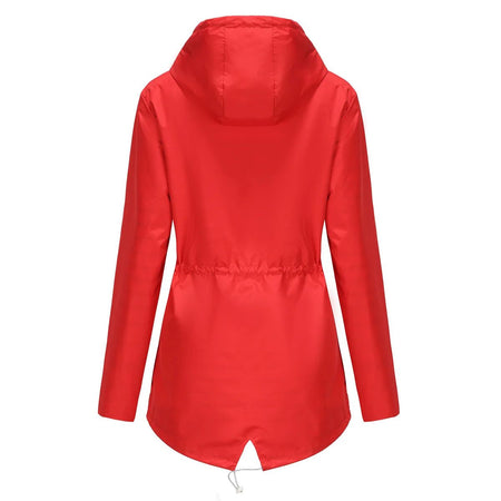 Blue Waterproof Hooded Jacket Women Fashion Casual Coat Waist Drawstring Tie Zipper Switch Red Green Yellow Black Windbreaker