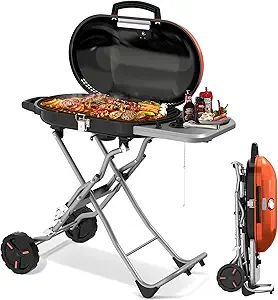 Portable Propane Gas Grill, 15,000 BTU BBQ Grill with Top Cover Lid, Folding Legs & 2 Wheels, 406 sq.in. Grilling Areas