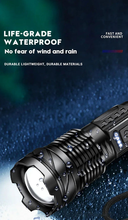 Powerful XHP50 LED Flashlight Waterproof Torch With Side Light 7 Modes Camping Fishing Lantern Type C Rechargeable Zoom Lamp