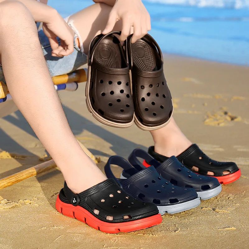 2024 Summer Plus Size Hollow Out Sandals Men's Breathable Slippers Trendy Thick Base Slip-On Beach Shoes Men's Footwear