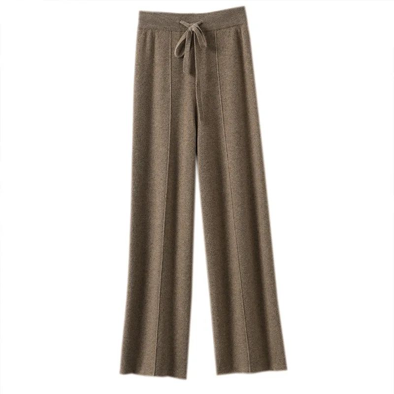 High Waist Wide Leg Pants Mid-Seam Knitted Trousers Drawstring Waist Belted Floor-Length Pure Color Versatile Autumn Winter Casu