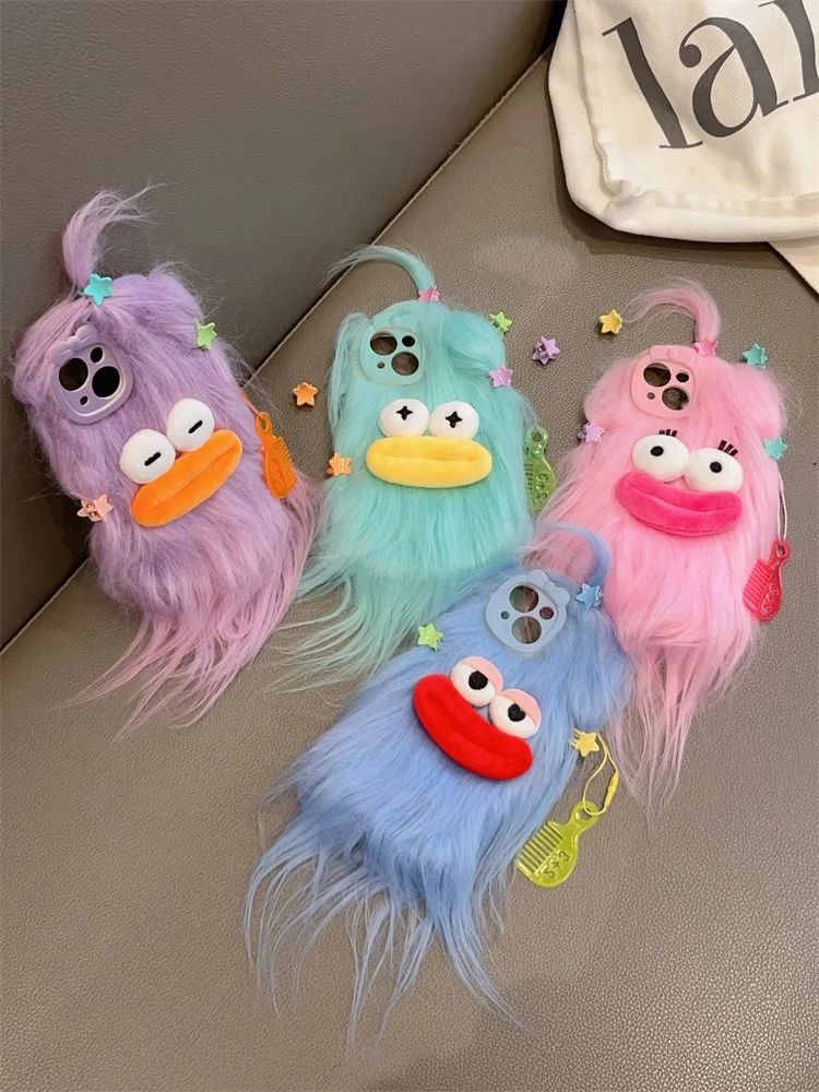Korean Funny Fluffy Plush Monster Case For iPhone 17 Pro Max Case 16 15 14  13 12 11 Cute Girl Winter Warm Cover Fur Soft Coque