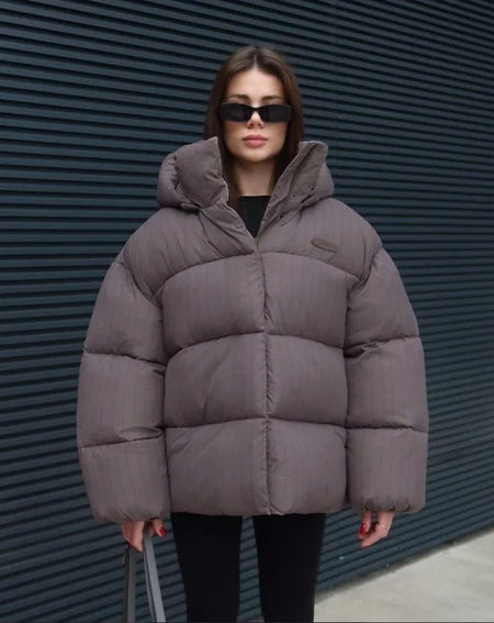 Women's Pinstripe Oversized Puffer Jacket Full Sleeve Detachable Hood Zipper Warm Coat 2025 Autumn Winter Female Casual Wear
