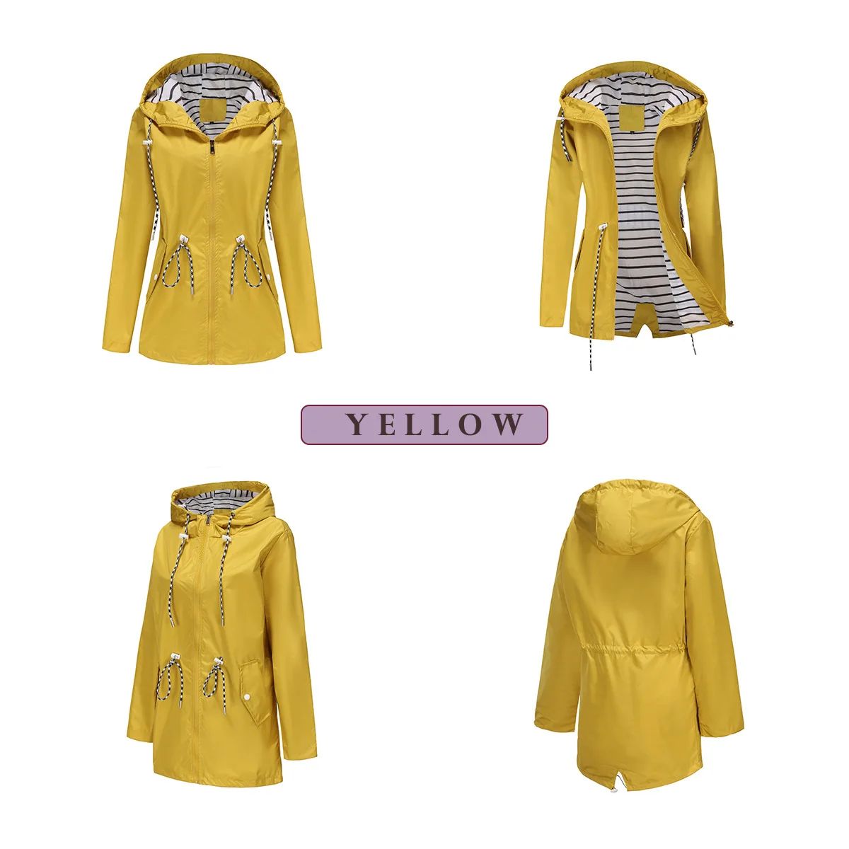 Blue Waterproof Hooded Jacket Women Fashion Casual Coat Waist Drawstring Tie Zipper Switch Red Green Yellow Black Windbreaker