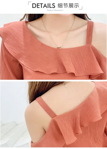 Women's Shirt Tops Fashion One-Shoulder Ruffles Short-sleeved Tops Chiffon Tops S-XXL