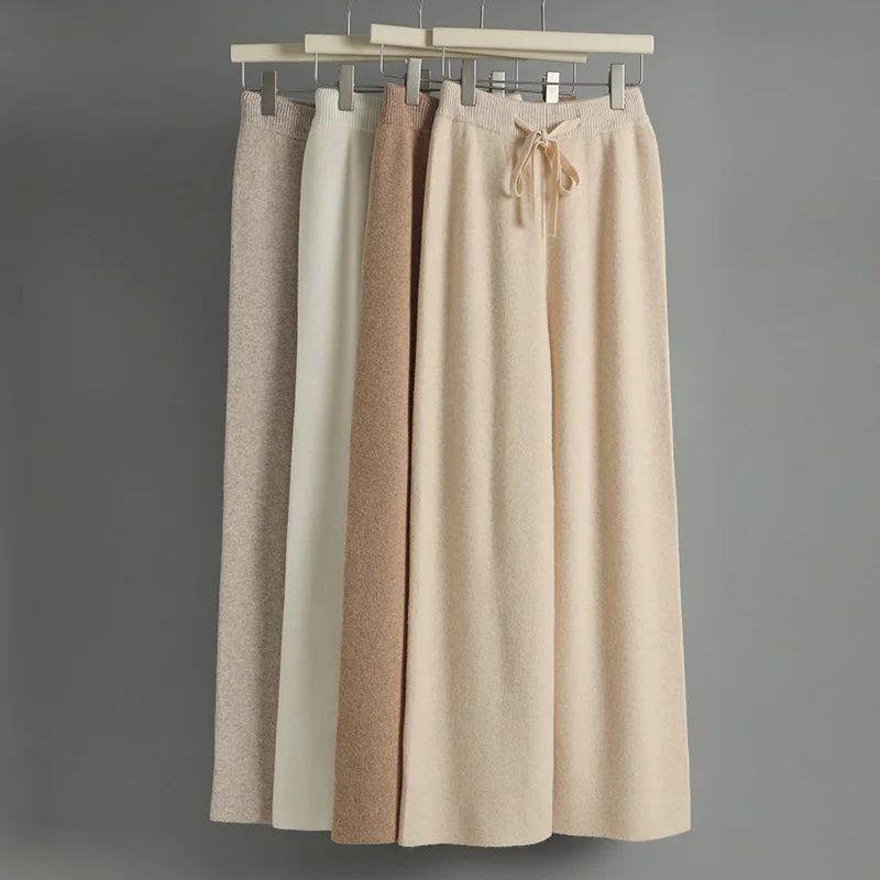Spring Autumn Women High Waist Wool Wide Leg Pants Solid Soft Warm 100% Merino Wool Knitted Trousers Belt Casual Korean Fashion