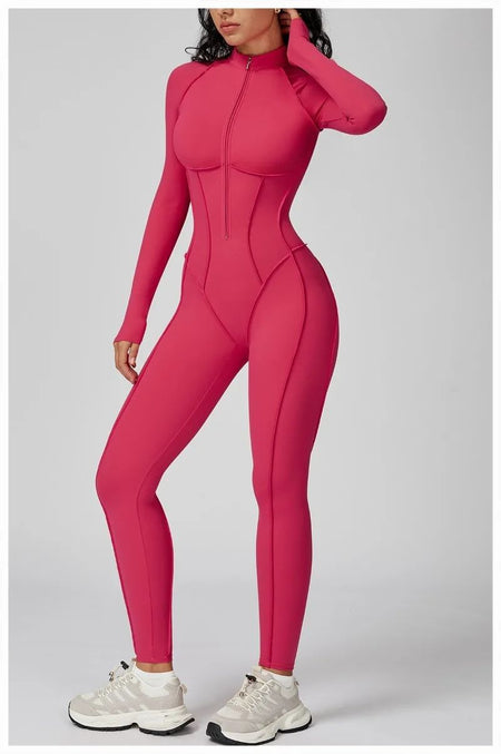 Women's Yoga Jumpsuit Long Sleeved Stand Collar Half Zip High-Intensity Workout One Piece Contrast Color Gym Fitness BodySuit