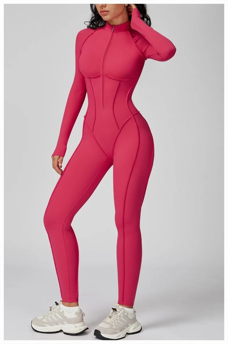 Women's Yoga Jumpsuit Long Sleeved Stand Collar Half Zip High-Intensity Workout One Piece Contrast Color Gym Fitness BodySuit