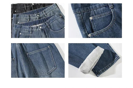4 Colors Winter Fleece Men's Jeans Baggy Straight Elastic Waist Denim Pants Fashion Korean Thickened Warm Male Thermal Trousers