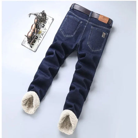 Men's Wool Velvet Jeans Winter Fleece Thickened Business Casual Straight Denim Pants Soft Cozy Thermal Stretch Trousers Male