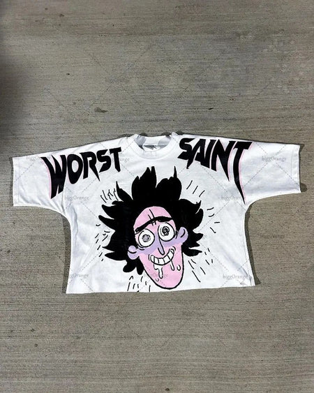 American Hip-hop Anime Print Oversized T-shirt Men Retro Trendy Streetwear Top Pure Cotton Round Neck Casual Loose Short Sleeves